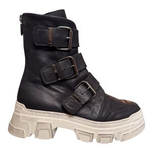 Lofina Black Leather Triple Buckle Combat Boots Chunky Platform Sole EU